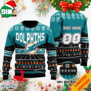 Custom Name Number NFL Miami Dolphins Rugby Stadium Ugly Christmas Sweater For Men And Women