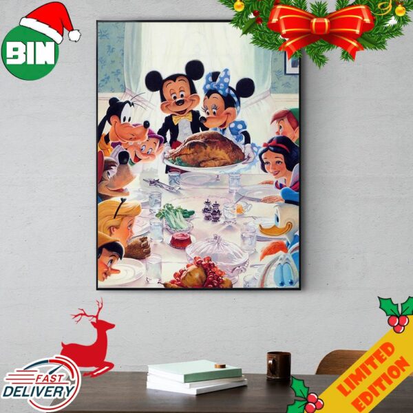 Disney Has Released A New Thanksgiving Painting With Mickey Minnie Snow White Goofy Peter Pan Poster Canvas