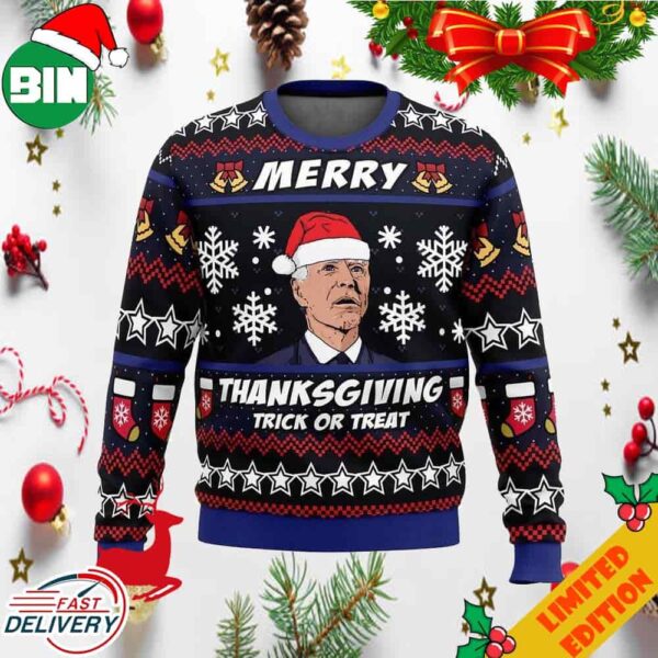 Funny Merry Thanksgiving Trick Or Treat Funny Joe Biden Meme 2023 Ugly Sweater