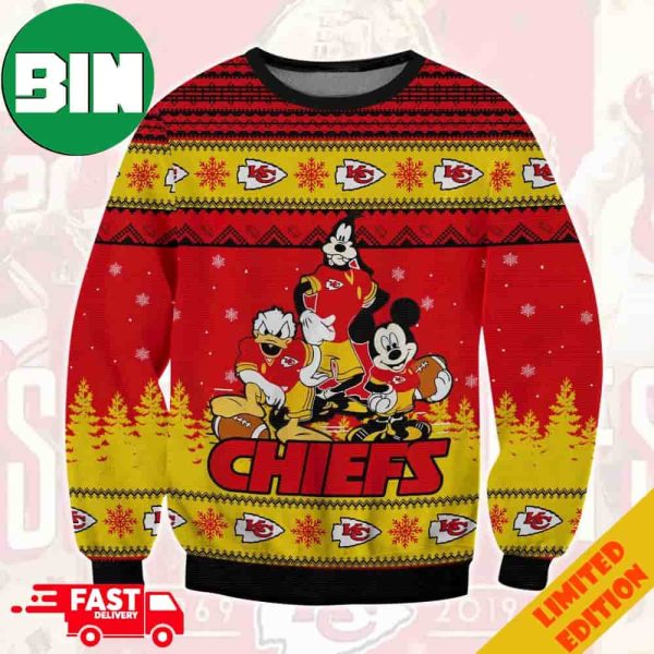 Kansas City Chiefs Mickey Donald Goofy Ugly Wool Sweater Christmas