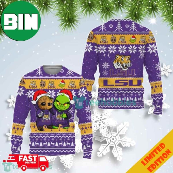 LSU Tigers Baby Groot And Grinch Best Friends Ugly Christmas Sweater For Men And Women