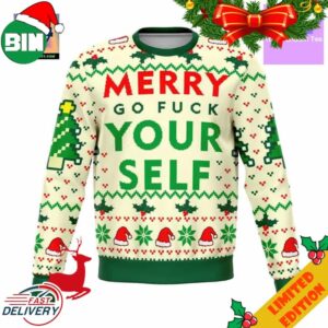 Merry Go F Yourself Funny Meme 2023 Design 3D Ugly Christmas Sweater