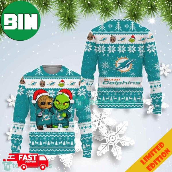 Miami Dolphins Baby Groot And Grinch Best Friends Ugly Christmas Sweater For Men And Women