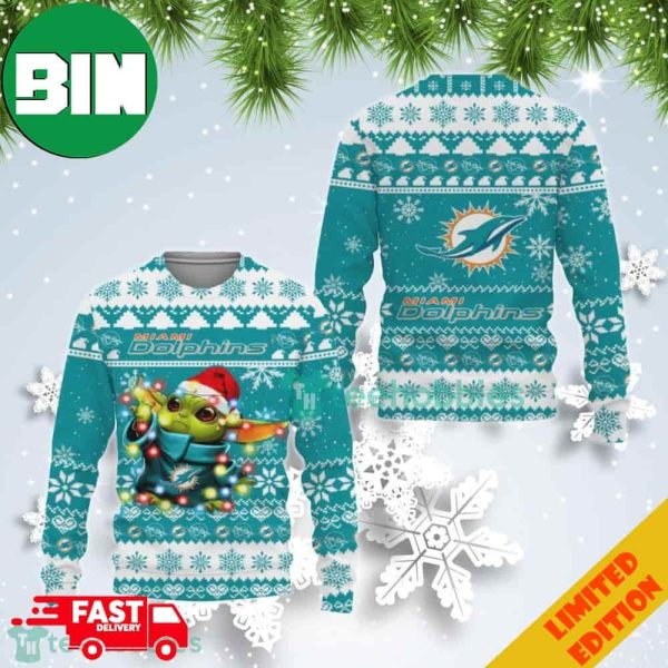 Miami Dolphins Baby Yoda Christmas Light Ugly Christmas Sweater For Men And Women