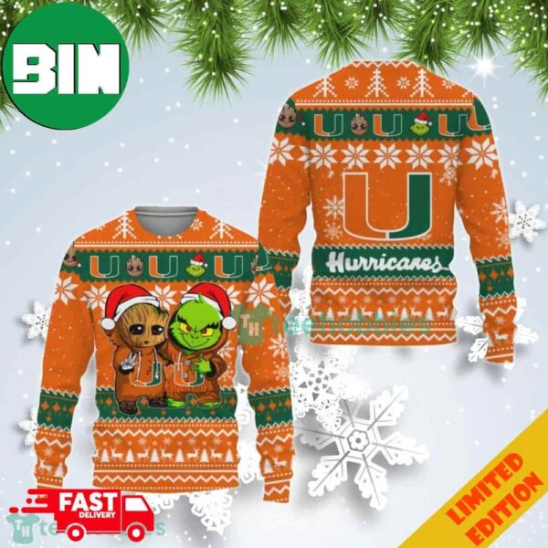 Miami Hurricanes Baby Groot And Grinch Best Friends Ugly Christmas Sweater For Men And Women