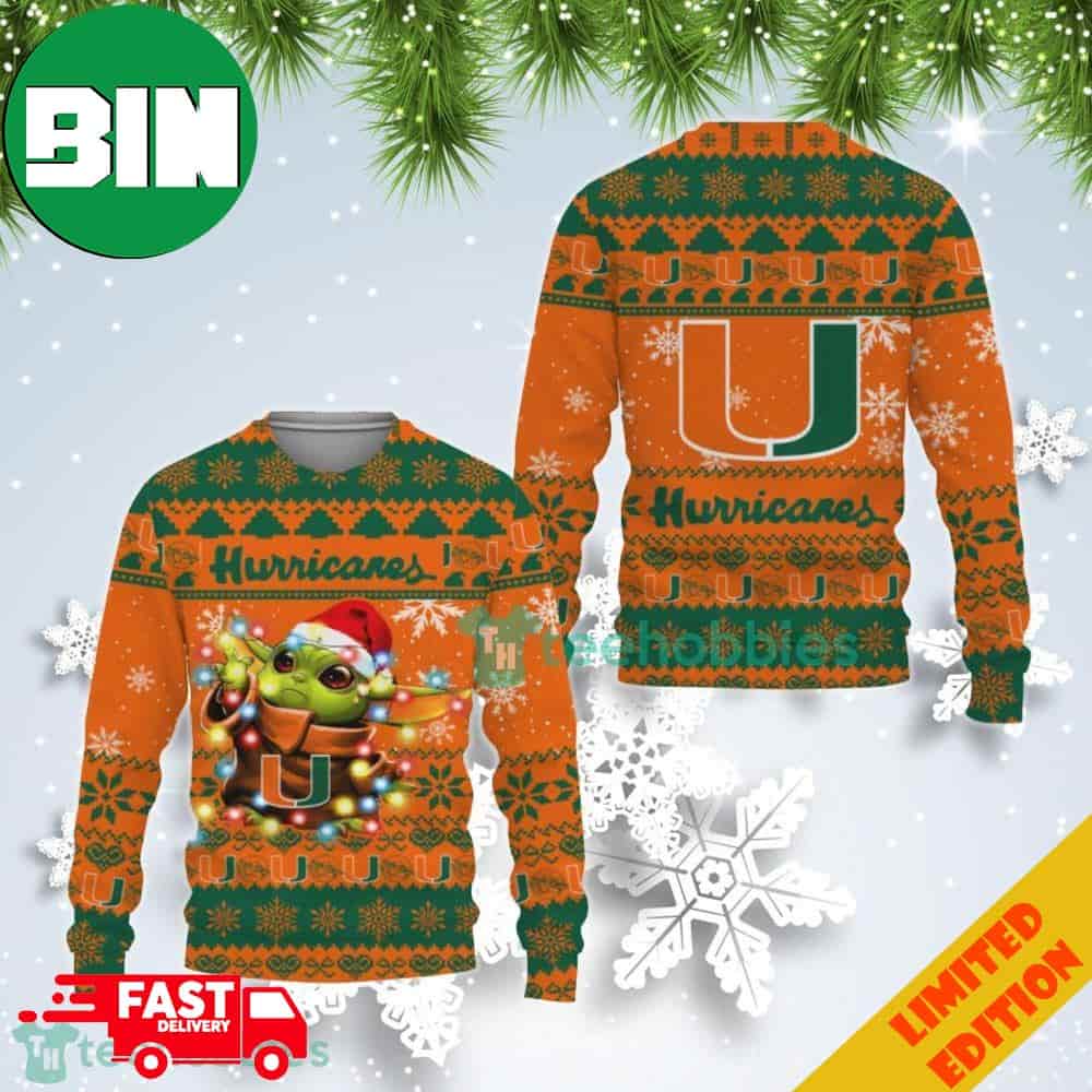 Miami Hurricanes Baby Yoda Christmas Light Ugly Christmas Sweater For Men And Women