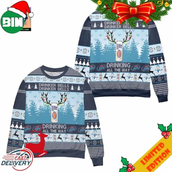 Miller Lite Drinker Bells Drinking All The Way Ugly Christmas Sweater