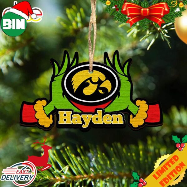 NCAA Iowa Hawkeyes Grinch Christmas Ornament Personalized Your Name 2023 Christmas Tree Decorations