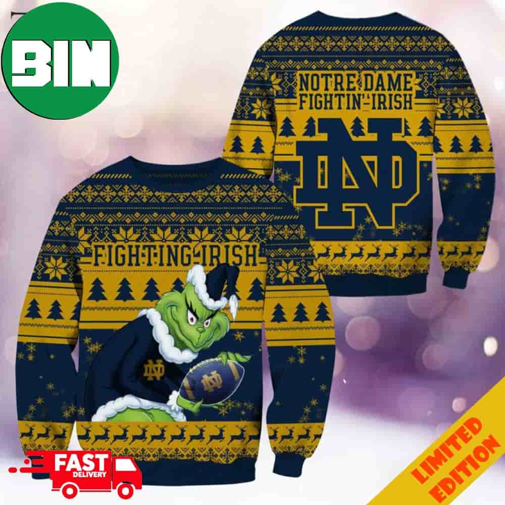 NCAA Notre Dame Fighting Irish Grinch Christmas Ugly Sweater - Binteez