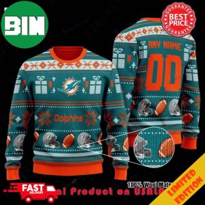 NFL Miami Dolphins Woolen Pattern Custom Name Ugly Christmas Sweater For Men And Women