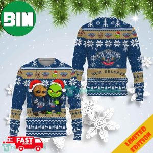 New Orleans Pelicans Baby Groot And Grinch Best Friends Ugly Christmas Sweater For Men And Women