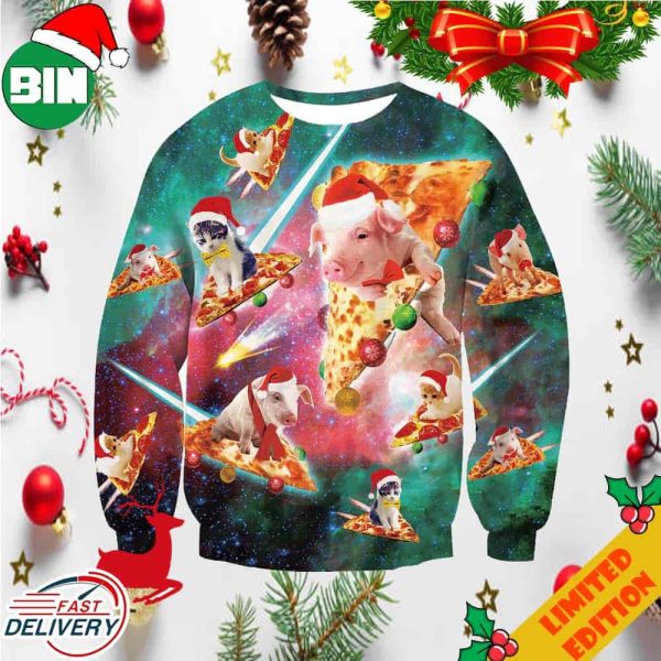 Pig Cat Pizza Universe Galaxy Funny Ugly Sweater For Men And Women