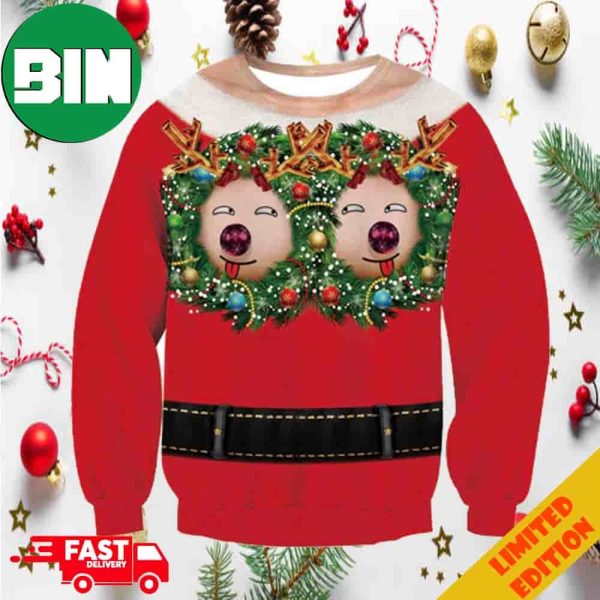 Reindeer Tits Red Pattern Ugly Sweater