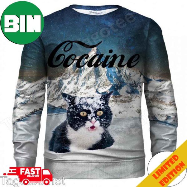 Snow Mountain Cat Cocaine Ugly Christmas Sweater For Men And Women