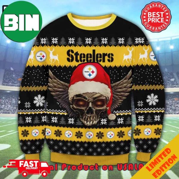 The Grinch Math Pittsburgh Steelers NFL Skull Santa Hat Ugly Christmas Sweater For Men And Women