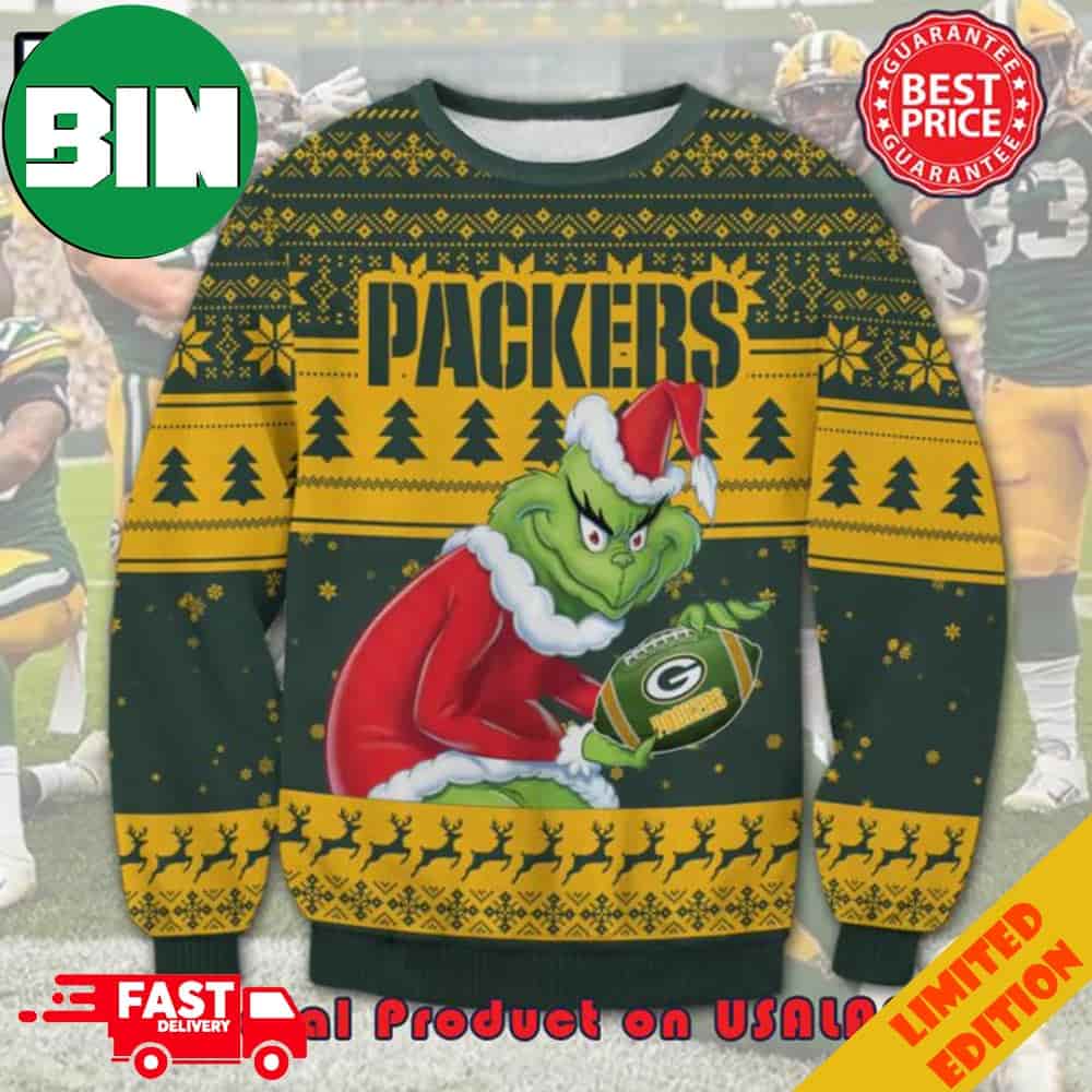 The Grinch x Green Bay Packers NFL Santa Hat Ugly Christmas Sweater For ...