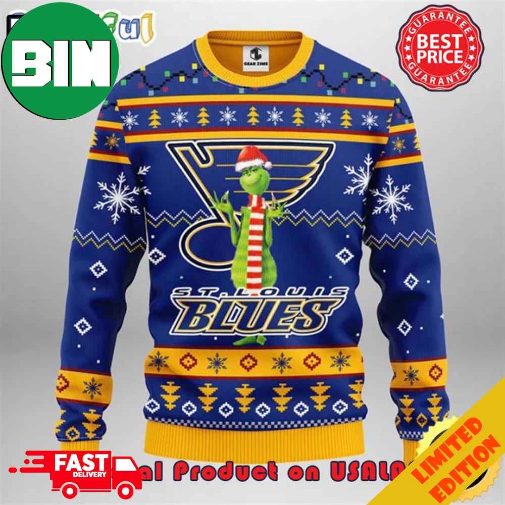The Grinch x St Louis Blues NHL Santa Hat Ugly Christmas Sweater