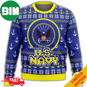UNIFINZ Veteran US Navy Anchor Pattern Blue Yellow Ugly Sweater
