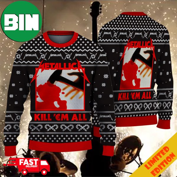 Metallica Kill ‘Em Album All Snowflakes And Candy Cane Pattern Christmas 2023 Ugly Sweater For Men And Women