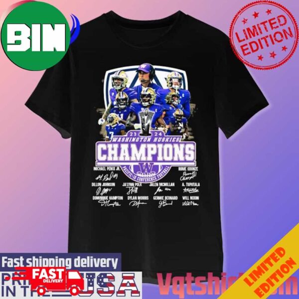 2023-2024 Washington Huskies Champions Pacific-12 Conference Football Signatures Unique T-Shirt