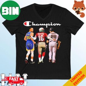 Champion Stephen Curry Joe Montana And Buster Posey San Francisco Sports Signatures T-Shirt