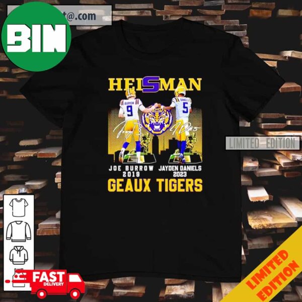 Joe Burrow and Jayden Daniels Heisman Geaux Tigers Signatures T-Shirt