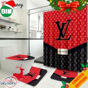 Louis Vuitton Black And Red Background Number 37 Bathroom Set Luxury Shower Curtain