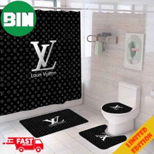 Louis Vuitton Black Fashion Luxury Brand Premium Bathroom Set Shower Curtain And Bath Mat