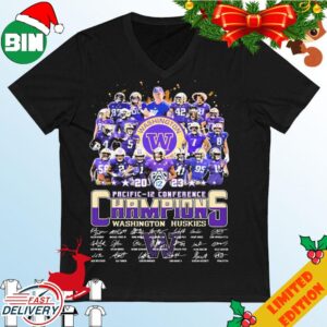 The Pacific-12 Conference Football 2023 Washington Huskies Team Champions Signatures T-Shirt Hoodie Sweater