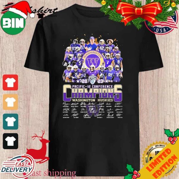 The Pacific-12 Conference Football 2023 Washington Huskies Team Champions Signatures T-Shirt