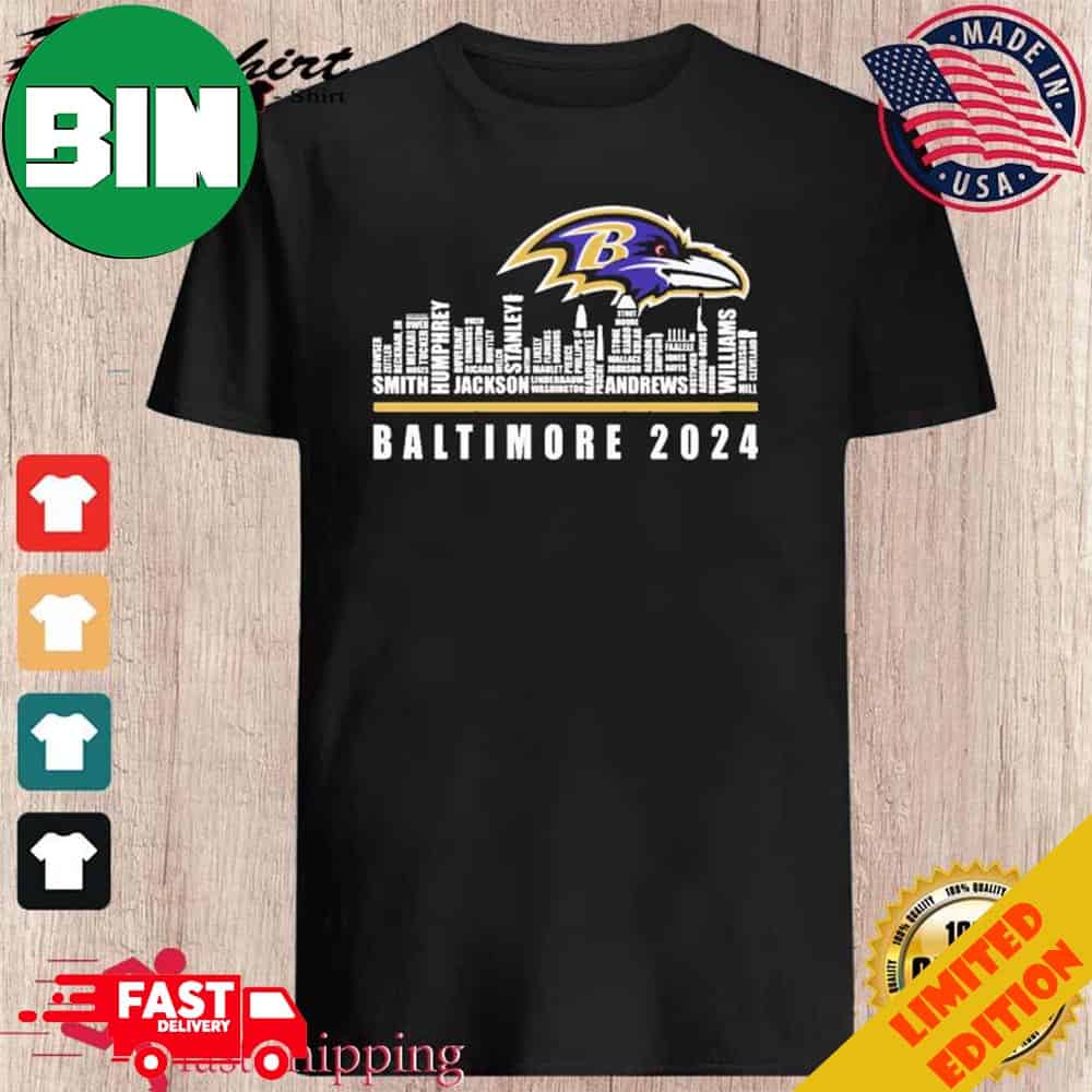 Baltimore Ravens 2024 City Skyline Players Name T-Shirt Long Sleeve ...