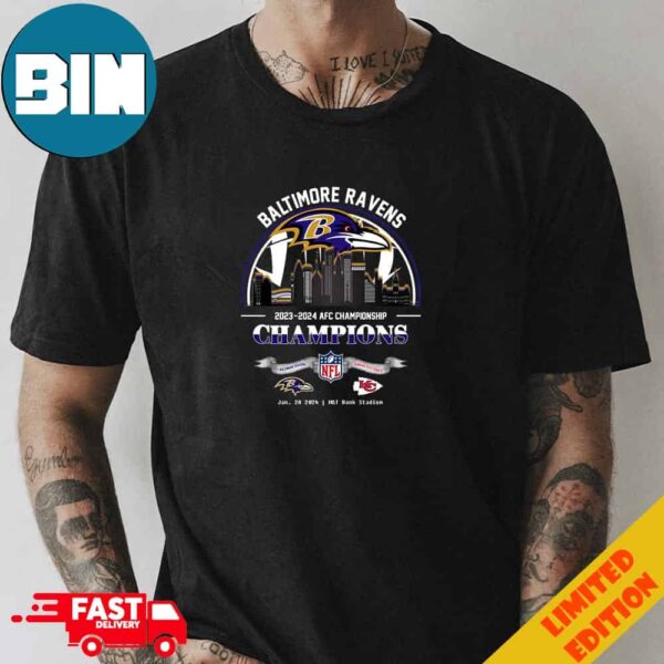 Baltimore Ravens Winners Season 2023-2024 AFC Championship NFL Divisional Skyline January 28 2024 MT Bank Stadium Fan Gifts Merchandise T-Shirt