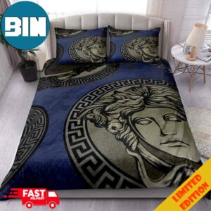 Big Logo Versace Luxury Blue Pattern Background Bedding Set