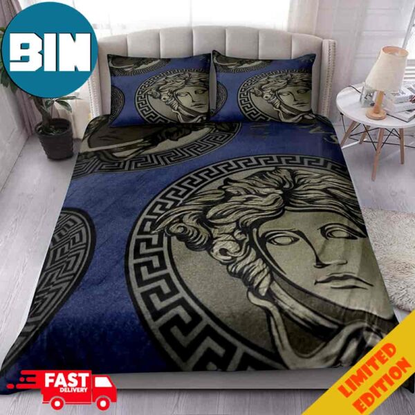 Big Logo Versace Luxury Blue Pattern Background Bedding Set