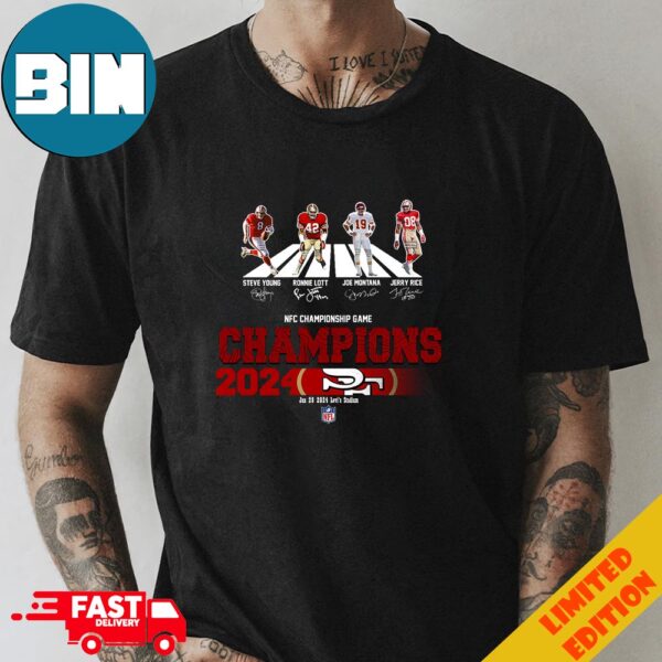 Congratulations San Francisco 49ers Is Champions Of NFC Championship Game Season 2023-2024 At Jan 28 Levi’s Stadium Abbey Road Team Member Signatures Fan Gifts Merchandise T-Shirt