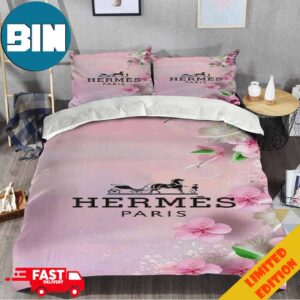Hermes Paris Cherry Blossom Pink Background Luxury Brand Special Bedding Set Home Decoration