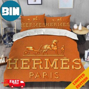 Hermes Paris Golden Letters Orange Background Luxury Brand High Quality Bedding Set Home Decorations