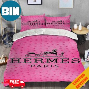 Hermes Paris Pink Background Luxury Brand Premium Bedding Set Home Decor