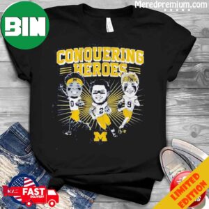 Michigan Wolverines Caricatures Conquering Heroes 2023 National Champions T-Shirt Long Sleeve Hoodie Sweater