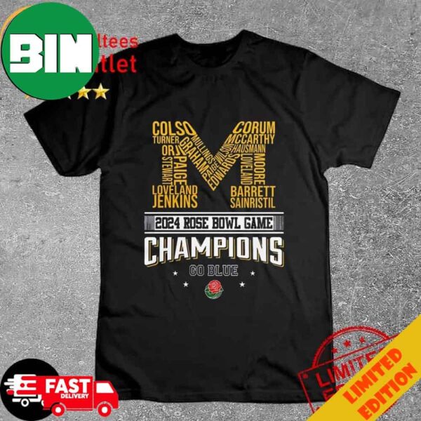 Michigan Wolverines Players Name Logo 2024 Rose Bowl Game Champions T-Shirt Long Sleeve Hoodie Sweater