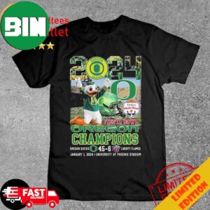 Oregon Ducks Mascot 2024 Fiesta Bowl Champions Oregon Ducks 45-6 Liberty Flames January 2024 University Of Phoenix Stadium T-Shirt Long Sleeve Hoodie Sweater