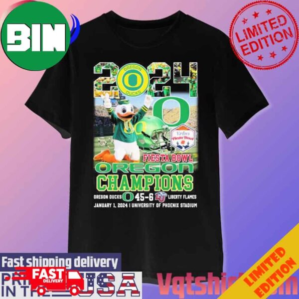 Oregon Ducks Mascot 2024 Fiesta Bowl Champions Oregon Ducks 45-6 Liberty Flames January2024 University Of Phoenix Stadium T-Shirt