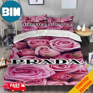 Prada Roses Pink Background Logo Luxury Fashion Best Home Decor Bedding Set