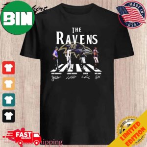 The Baltimore Ravens Team Abbey Road 2023 AFC Championship Signatures T-Shirt Long Sleeve Hoodie Sweater
