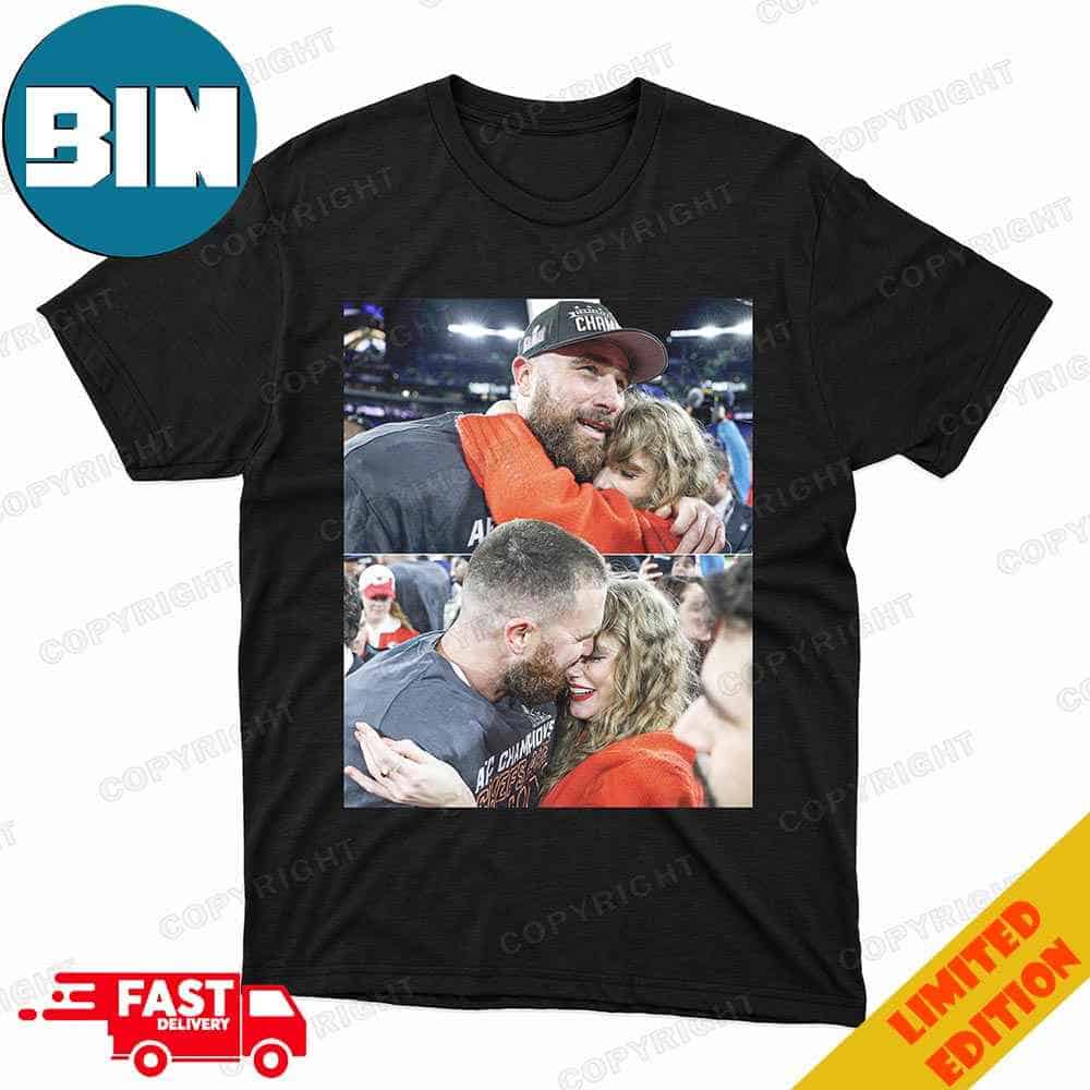 Travis Kelce Vs Taylor Swift Kisses And Happiness Moment When Kansas City Chiefs Become AFC Champion Go To Super Bowl LVIII 2023-2024 T-Shirt
