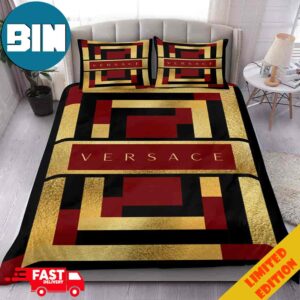 Versace Luxury Text Print Golden Red Black Fashion Home Decor Bedding Set