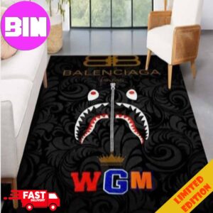 Balenciaga Shark Bape Fashion Black Background And Logo Gold Home Decor For Living Room, Bed Room Rug Carpet