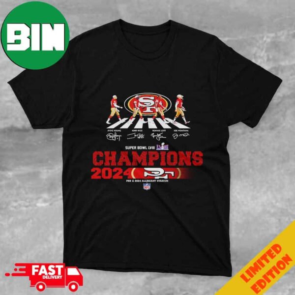 Congrats San Francisco 49ers Are Super Bowl LVIII Champions NFL Playoffs Team Abbey Road To The Victory Signatures Unique T-Shirt