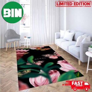 Flowers And Gucci Text Logo Living Room Rug Home Decor Best Fashion And Luxury