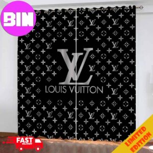 Louis Vuitton Luxury Black Background And White Logo Window Curtain For Bedroom Living Room Home Decor